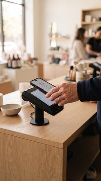 A close-up shot captures a customer's hand holding a smartphone over a credit card reader, facilitating a contactless payment at a wooden counter in a modern retail store.