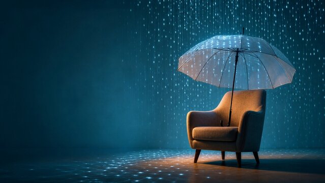 Armchair under glowing umbrella in digital rain. Concept of protection and safety in cyber world.