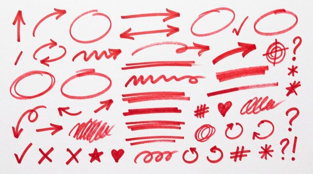 Colecci&oacute;n de elementos gr&aacute;ficos dibujados a mano con marcador rojo sobre fondo blanco: flechas, c&iacute;rculos, rayas, estrellas y s&iacute;mbolos para edici&oacute;n de video.