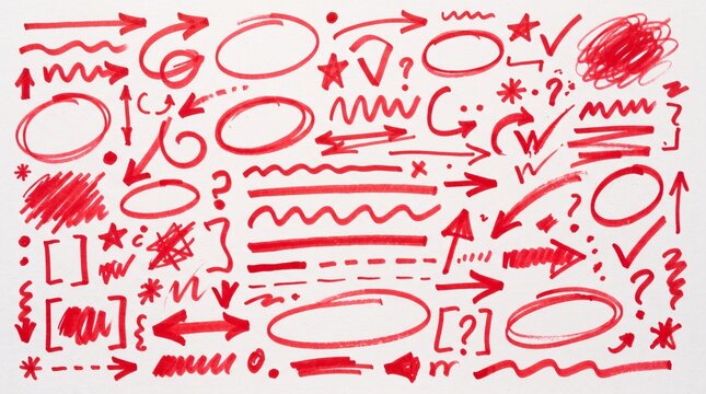 Colecci&oacute;n de elementos gr&aacute;ficos dibujados a mano con marcador rojo sobre fondo blanco: flechas, c&iacute;rculos, rayas, estrellas y s&iacute;mbolos para edici&oacute;n de video.