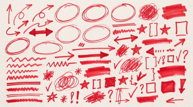Colecci&oacute;n de elementos gr&aacute;ficos dibujados a mano con marcador rojo sobre fondo blanco: flechas, c&iacute;rculos, rayas, estrellas y s&iacute;mbolos para edici&oacute;n de video.