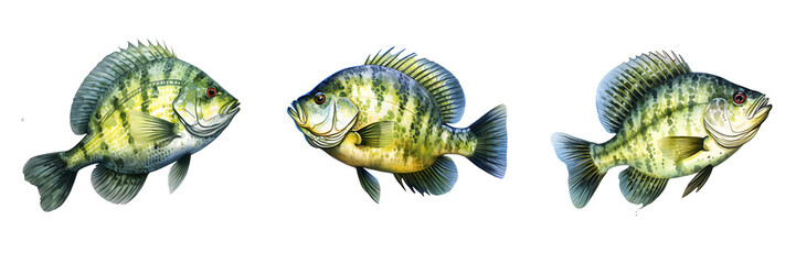 Fototapeta premium Illustration of three crappies swimming against a black backdrop in digital watercolor style