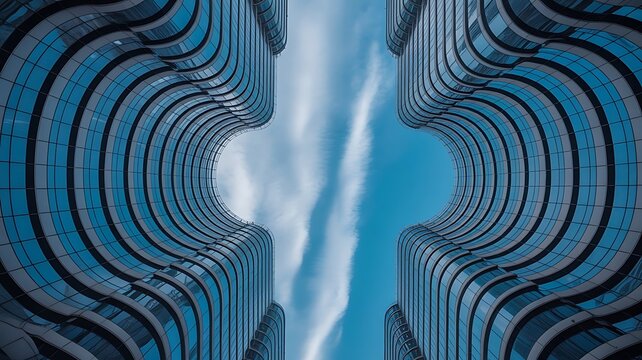 Abstract architectural low angle view of curved glass building facades creating a symmetrical tunnel effect against a bright blue sky with clouds