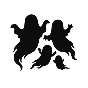 Four black ghost silhouettes with varying sizes and wavy, wispy bottoms float across a plain white background, creating a playful yet eerie visual.