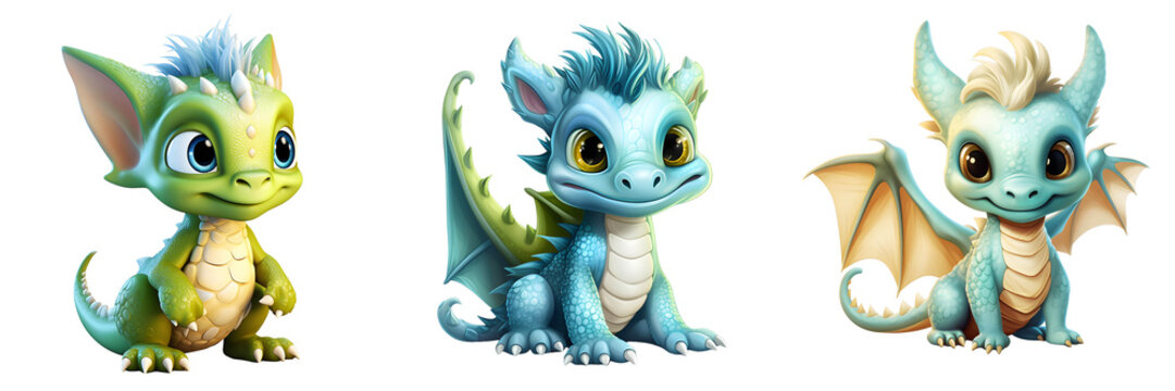 Three adorable baby dragons sitting on a black background with unique color schemes