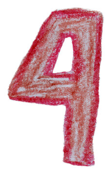 Hand-drawn number four in vibrant red wax crayon with orange inner shade on transparent background