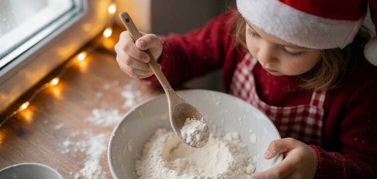Child mixing Christmas cookie dough with a wooden spoon in a white bowl, illuminated by warm string lights near a window.