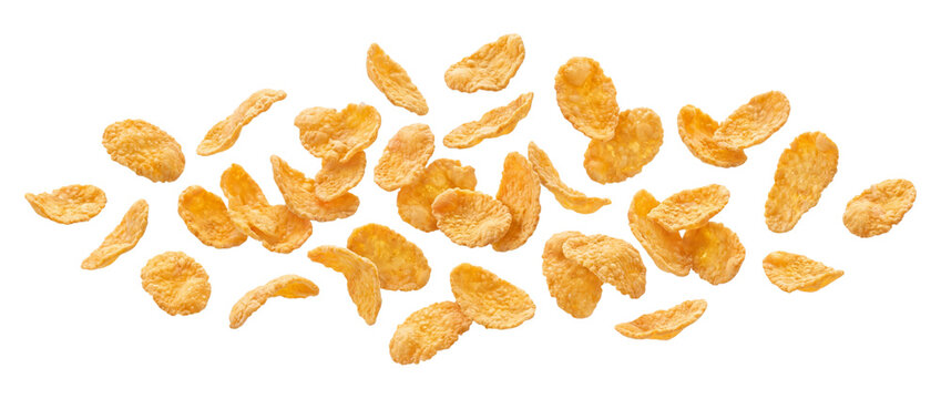 Golden corn flakes scattered isolated on transparent background