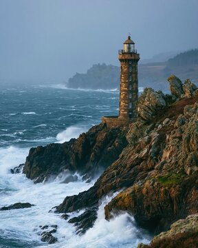 Tall stone lighthouse on a rugged cliff beside a stormy sea with crashing waves and a brooding sky for navigation and vision concepts