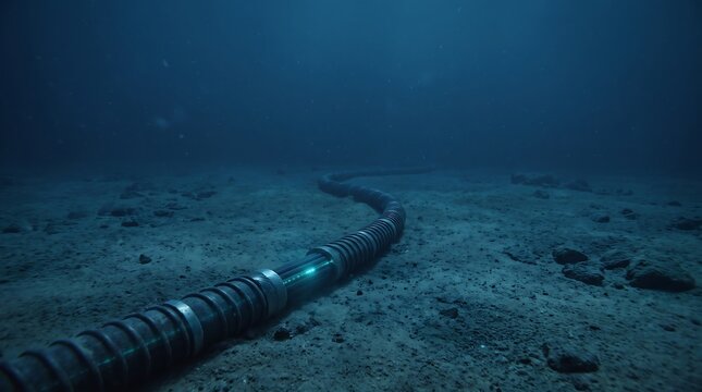 Submarine fiber optic internet cable on the deep ocean floor glowing with digital data Generative AI illustration.