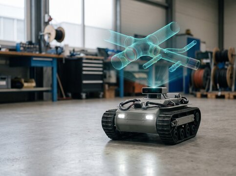 Unbranded remote crawler robot projecting holographic 3D pipe inspection sonar scan