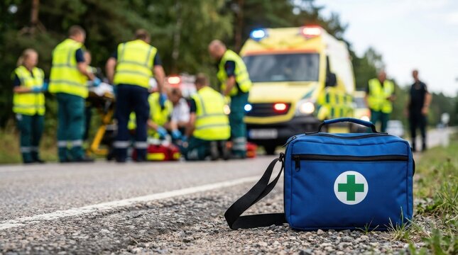 Emergency responders treating patient on highway with ambulance and first aid kit , Dangerous crash accident, Distracted driving, Emergency response, Highway collision