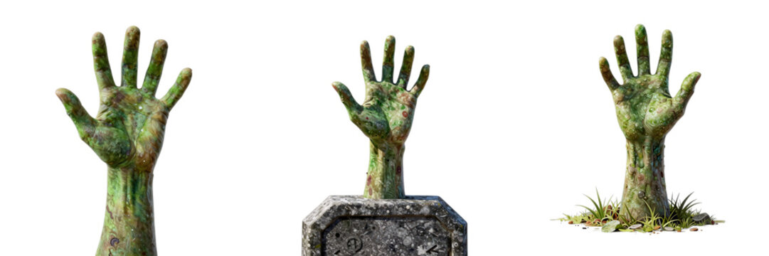 Creepy zombie hands rising from ground and grave on a black background