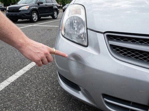 Close-up of a dented car bumper with a person pointing to the damage , Dangerous crash accident, Distracted driving, Emergency response, Highway collision