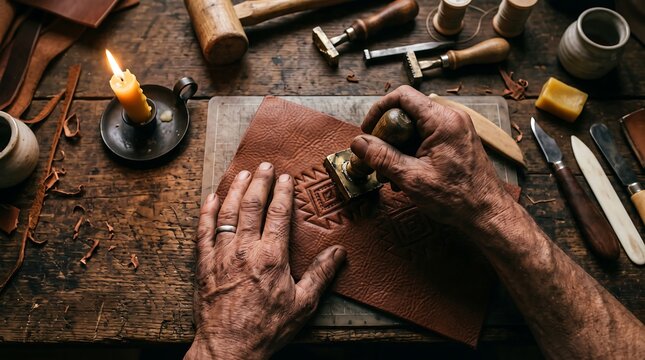 Artisan hands stamping pattern into brown leather on a rustic wooden workbench with traditional tools for handmade craft Generative AI illustration.