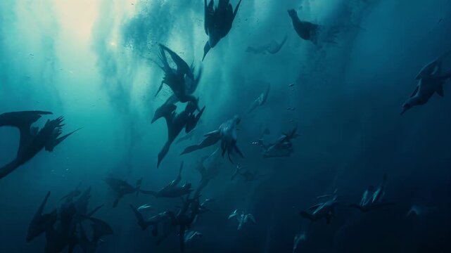 Pod of dolphins swimming gracefully through kelp forests and schooling fish