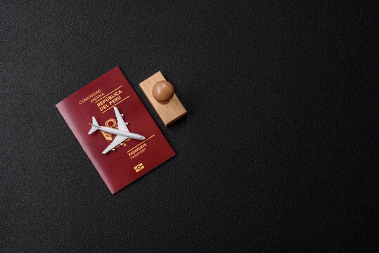 Peru, peruvian passport or id document with tickets for flight, border crossing. Peruvian passport