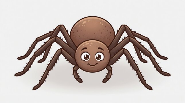 Cute cartoon spider character, friendly brown arachnid illustration, smiling insect mascot on white background