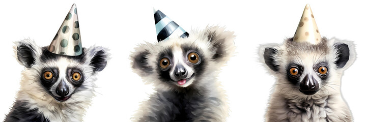 Obraz premium Three cute lemurs wearing festive party hats on black background illustration