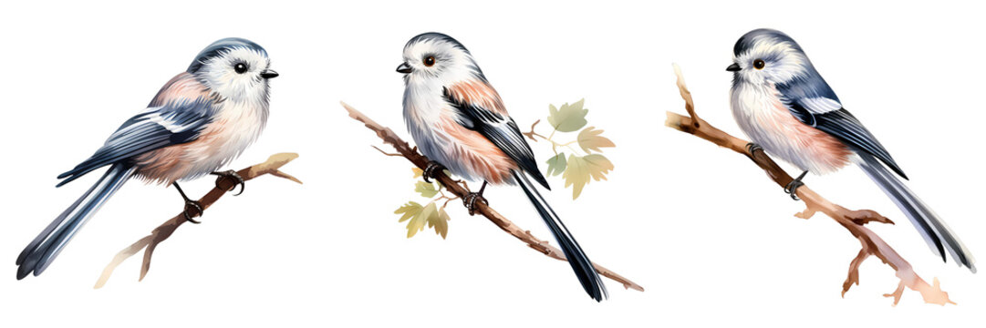 Elegant long tailed tits perched on delicate branches against a black backdrop