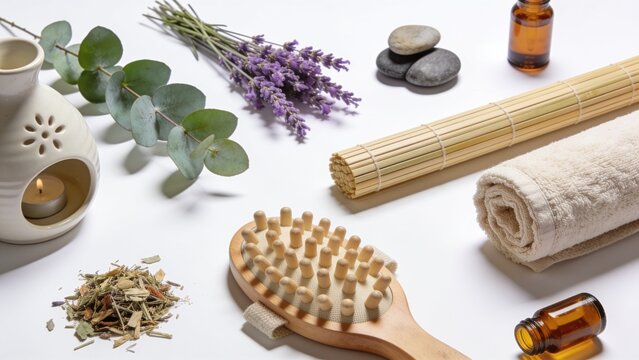 Spa and wellness self care essentials with lavender and massage brush dry brush essential oil spa equipment wellness routine body care beauty care wellness tools