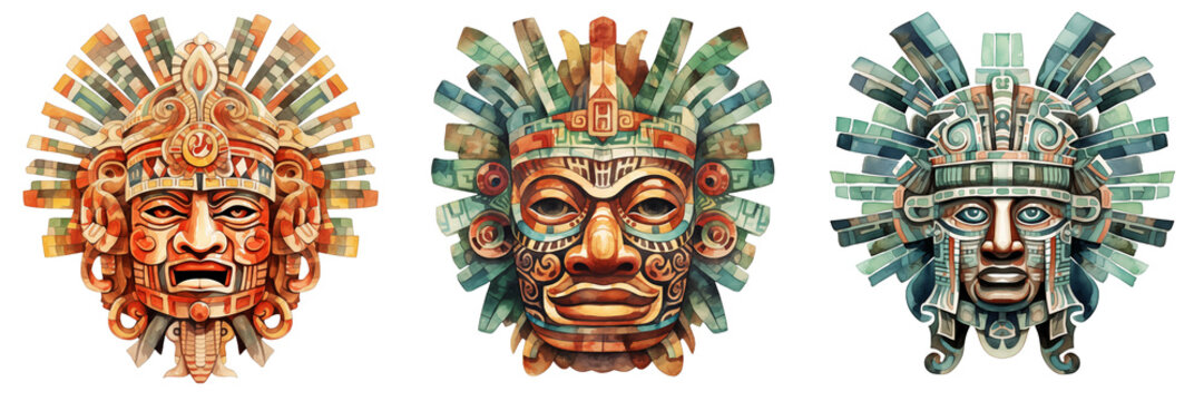 Three different watercolor renderings of an aztec mask against a black backdrop