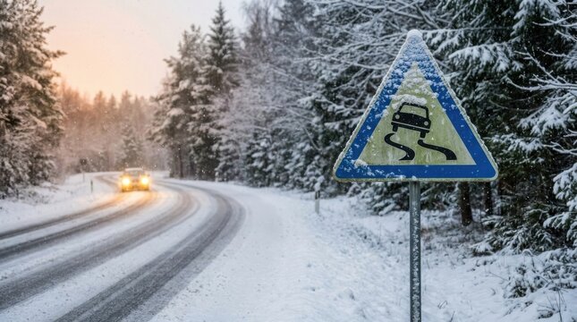 icy road sign warning of slippery surface for drivers , Dangerous crash accident, Distracted driving, Emergency response, Highway collision