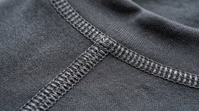 A close up shows gray denim fabric with strong stitched seams.