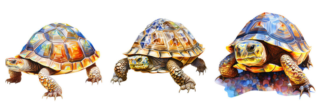 Three colorful turtles with patterned shells stand against a black background
