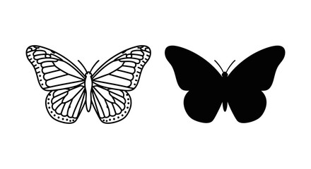 Two butterflies one detailed and one black silhouette against a white background © RmANom