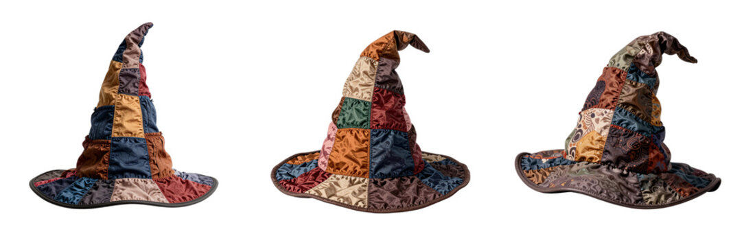 Arrangement of three multicolored patchwork sorting hats against a black backdrop