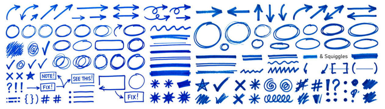 Colecci&oacute;n de elementos gr&aacute;ficos dibujados a mano con marcador azul sobre fondo transparente: flechas, c&iacute;rculos, rayas, estrellas y s&iacute;mbolos para edici&oacute;n de video.