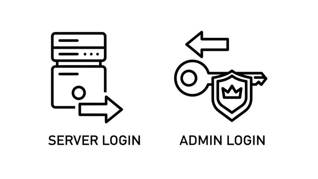 Server and admin login security icons for network and database access