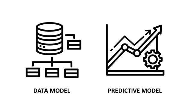 Data model and predictive model icons set with predictive analytics statistics