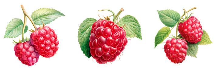 Fototapeta premium Delicious raspberries with leaves in a vibrant, photorealistic painting style on black background