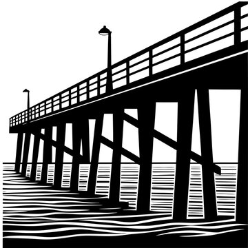 Black silhouette of a long wooden pier extending over the calm ocean water