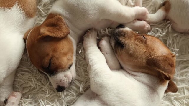 Jack Russell terrier puppy curled up in a cozy corner of an indoor room, snug pet moment, peaceful animal scene.