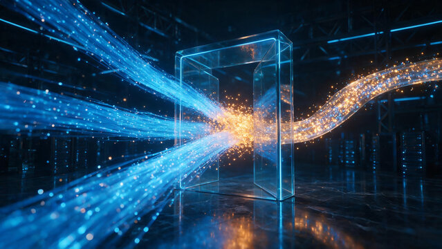glowing blue optic fiber data streams converging into a open glass doorway portal transforming into warm golden light particles in server room datacenter concept