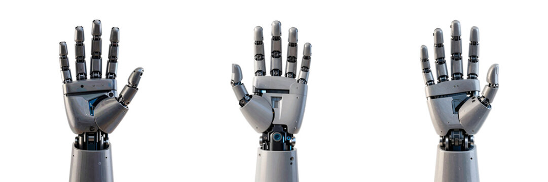 Three robotic hands in different poses against a solid dark background