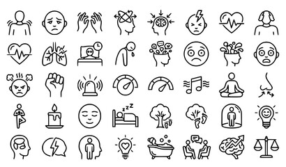 Fototapeta premium Stress Management and Mental Wellness Outline Icon Set for Anxiety Relief and Self Care