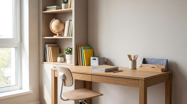 Minimalist wooden desk and chair in bright cozy home office setup near window with bookshelf and globe for productive study and work