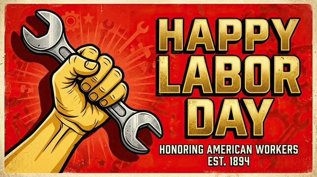 A vintage style poster celebrating labor day with a strong hand holding a metal wrench for workers