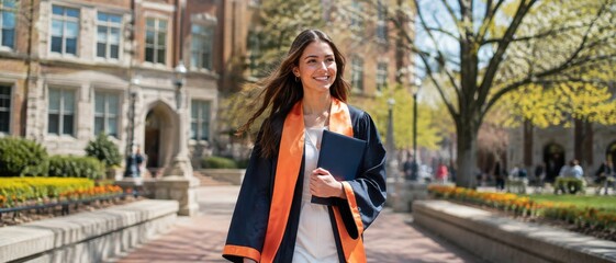 Naklejka premium Young woman in graduation gown holding diploma on a university campus