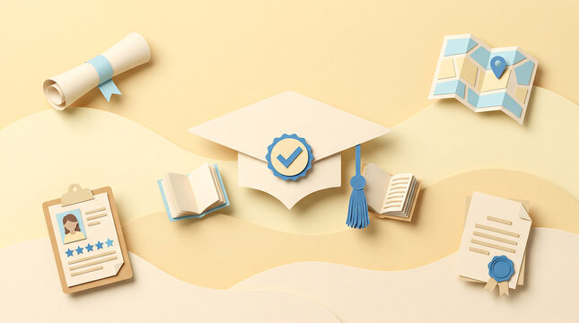 Paper cut style graduation cap with diploma scroll books student profile map pin and certified badge concept for study abroad education career growth on beige background