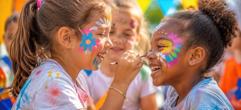 Two happy girls with colorful face paint smiling during an outdoor event