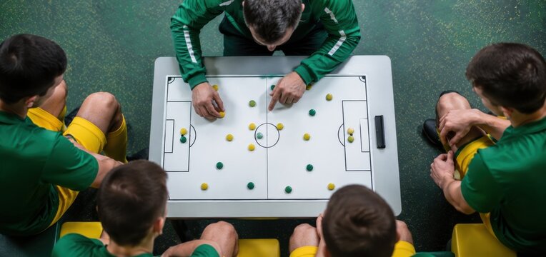 Soccer coach strategizing with players using a tactics board before a match