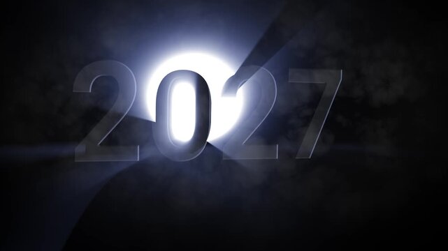 2027 numerals emerging through dramatic light and smoke, cinematic countdown animation for New Year celebration, future time and calendar concept
