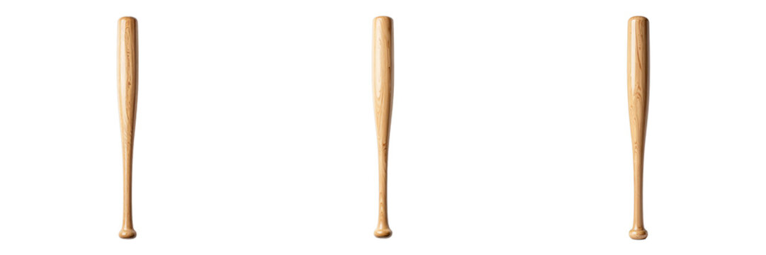 Three wooden baseball bats are displayed in a studio setting against a black backdrop