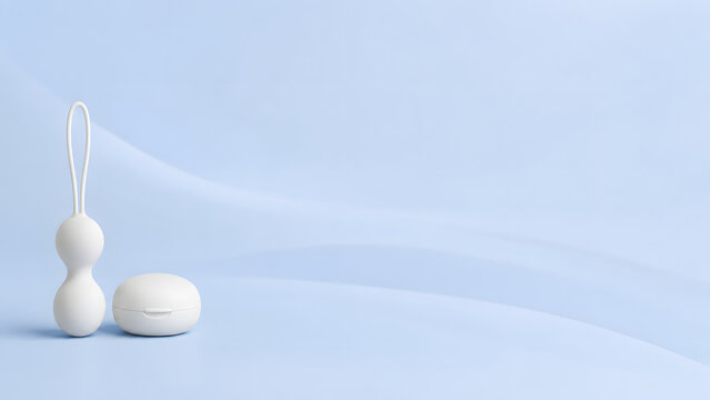 Pelvic floor exerciser weights for Kegel training arranged on a minimal light blue background with clean copy space.