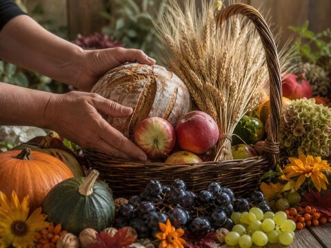 H&auml;nde legen frisches Bauernbrot in einen Korb mit &Auml;pfeln, Getreide, Trauben, K&uuml;rbissen und Blumen &ndash; symbolische deutsche Erntedank-Tradition voller Dankbarkeit.